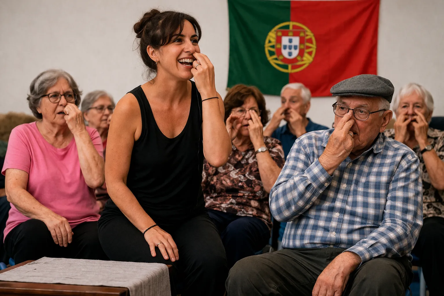 Professora orienta um grupo de seniores numa prática de respiração de Yoga em Portugal.