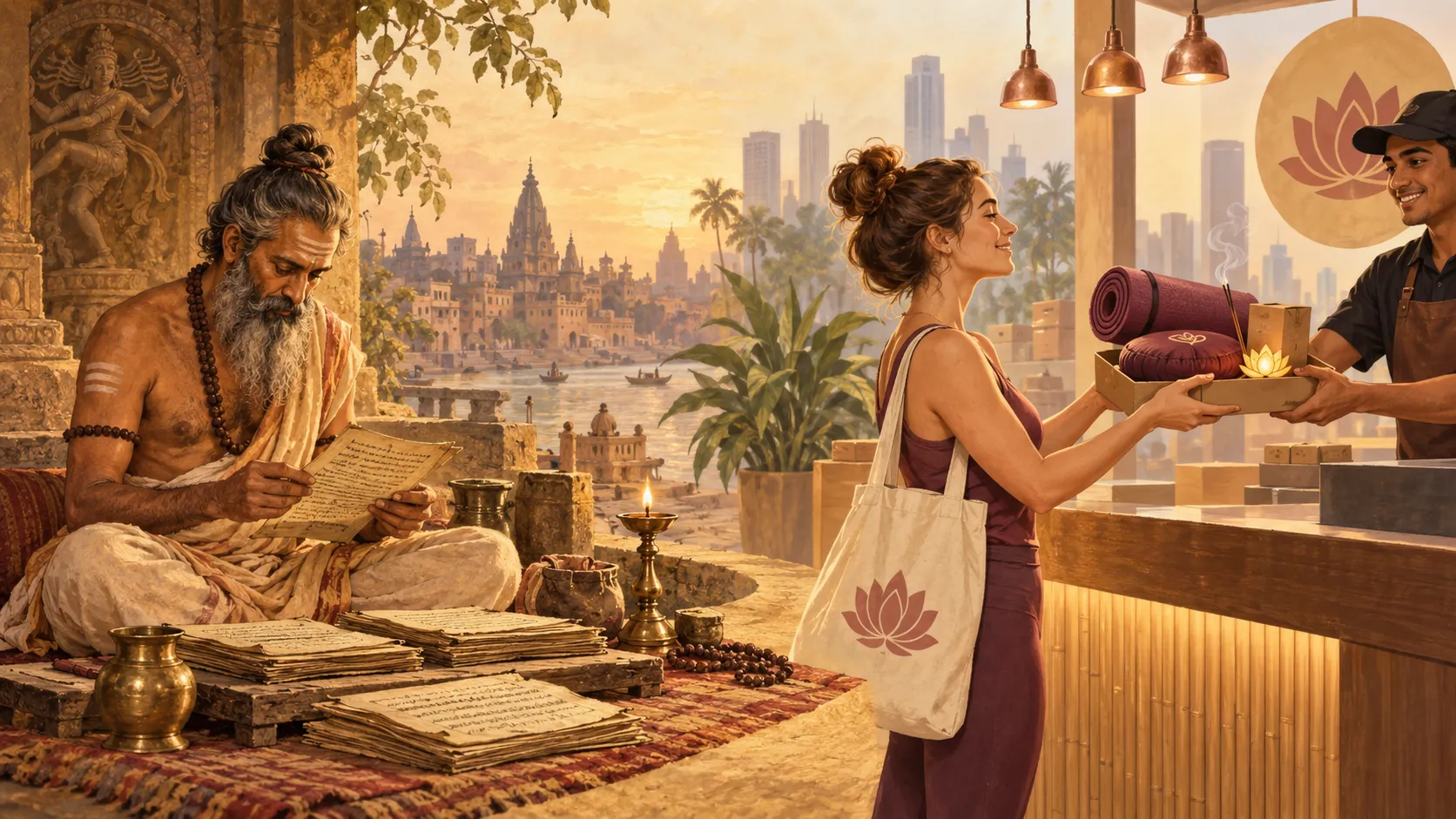 Yogi indiano a estudar manuscritos antigos, em contraste com uma praticante que recebe um conjunto de Yoga como produto de consumo rápido.