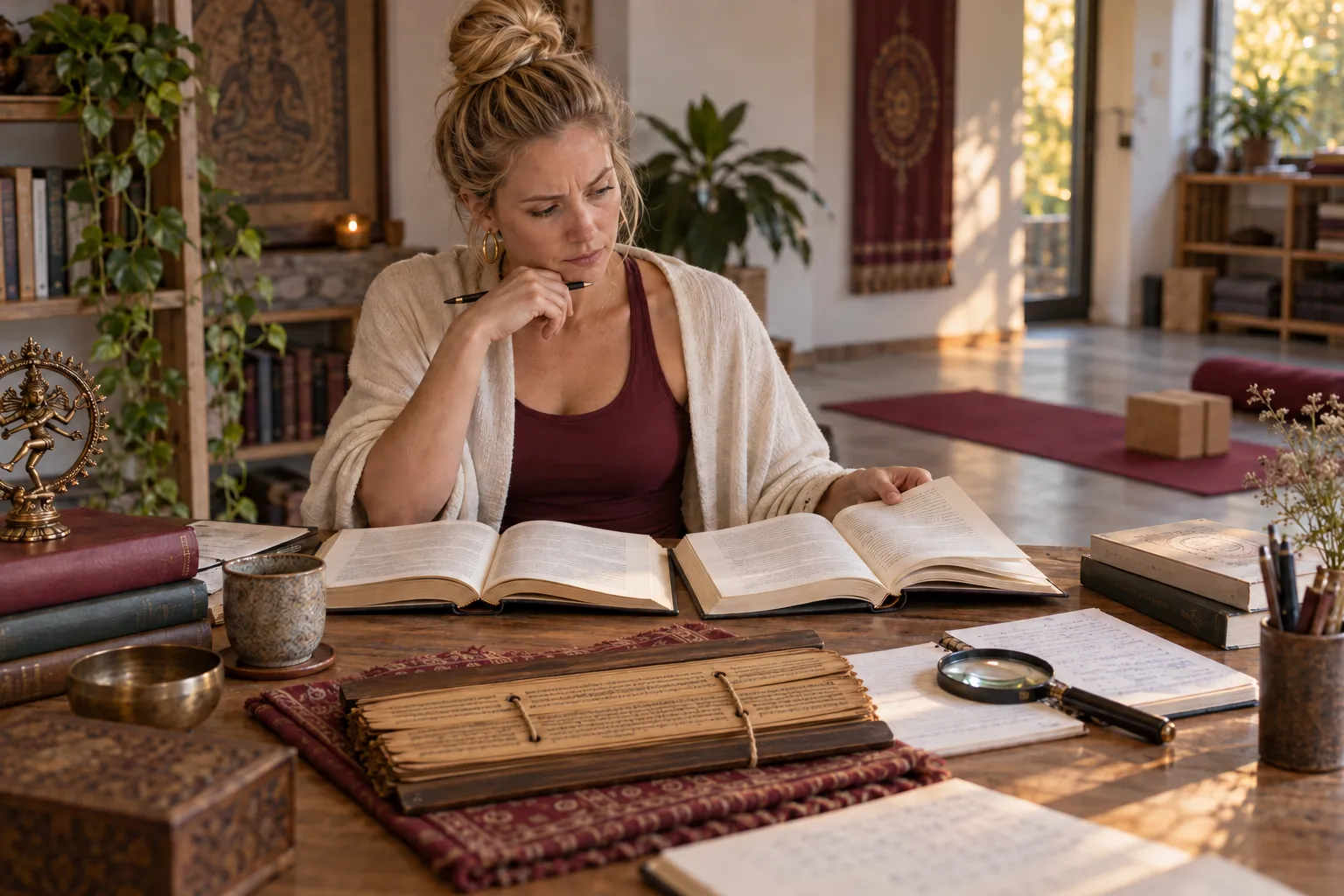 Professora de Yoga compara traduções modernas dos Yogasūtra junto de um manuscrito indiano em folhas de palmeira.