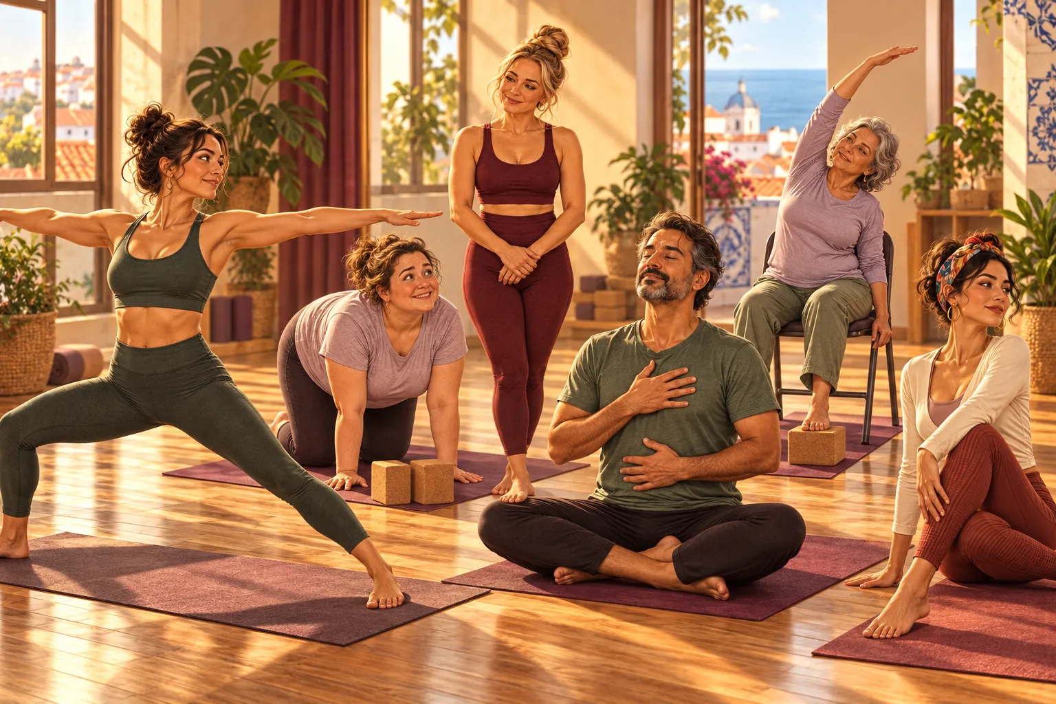 Diferentes tipos de praticantes de Hatha Yoga numa aula em Portugal