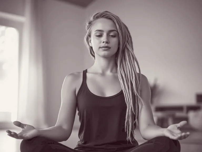 Instrutora de Yoga sentada em meditação antes de orientar uma aula
