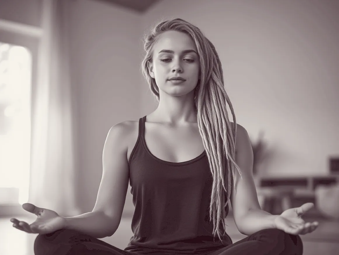 Instrutora de Yoga sentada em meditação antes de orientar uma aula