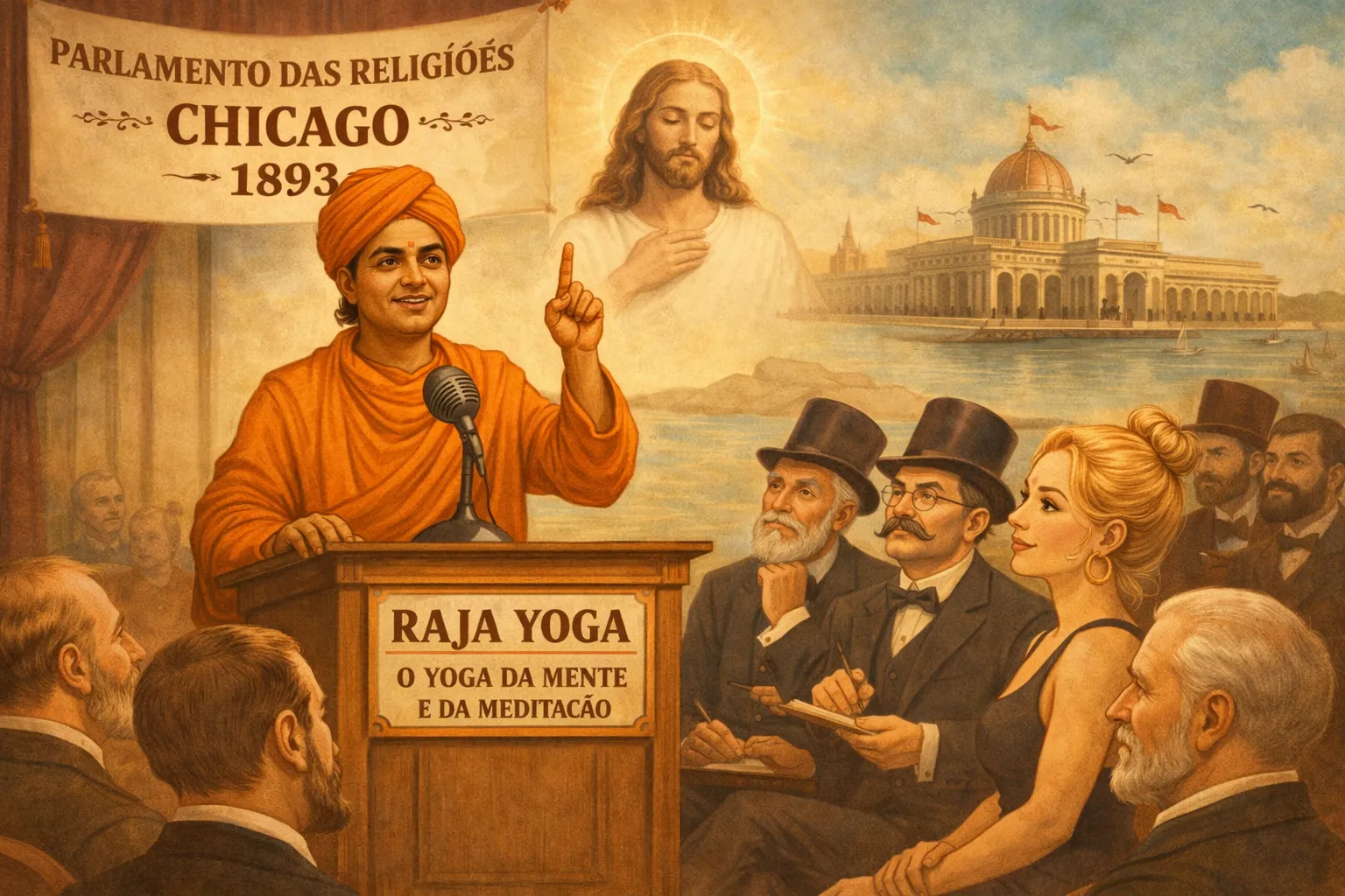 Ilustração de Swami Vivekananda no Parlamento das Religiões de Chicago, em 1893, com uma representação de Cristo ao fundo.