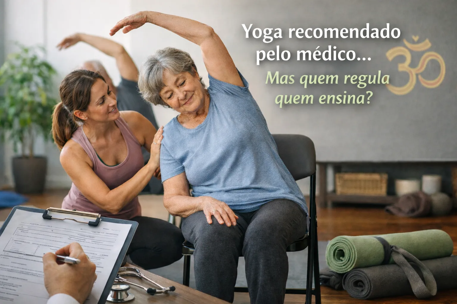 Instrutora acompanha uma mulher idosa numa prática de Yoga com cadeira, sob recomendação médica