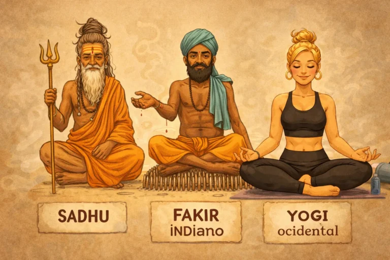 Ilustração de um sadhu com tridente, um faquir sentado sobre pregos e uma praticante ocidental de Yoga em meditação.