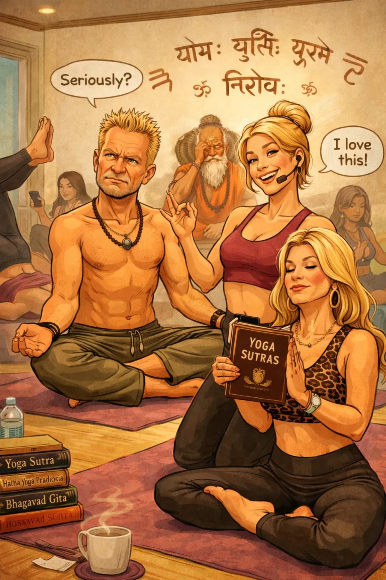 Ilustração satírica sobre Tantra, com uma instrutora de Yoga loira, um cantor ocidental e um mestre indiano numa aula contemporânea.