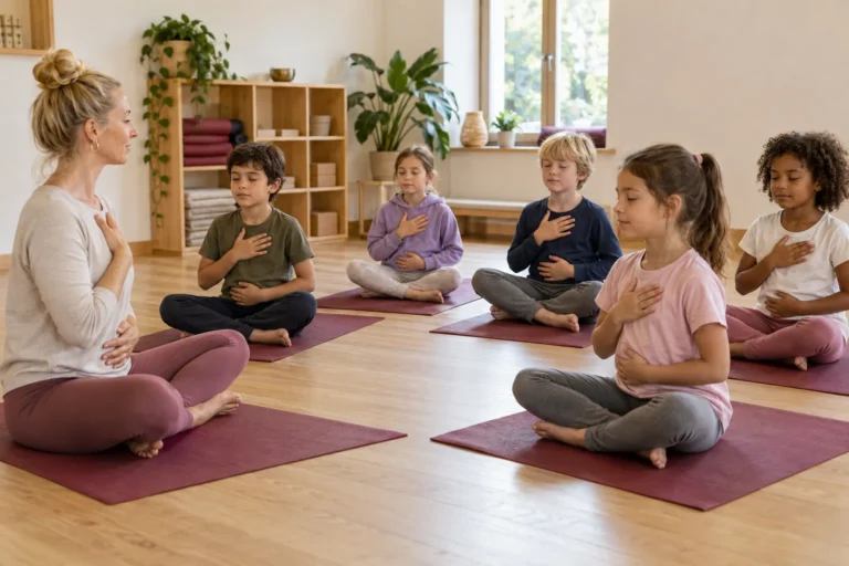 Professora orienta uma prática de respiração numa aula de Yoga para crianças