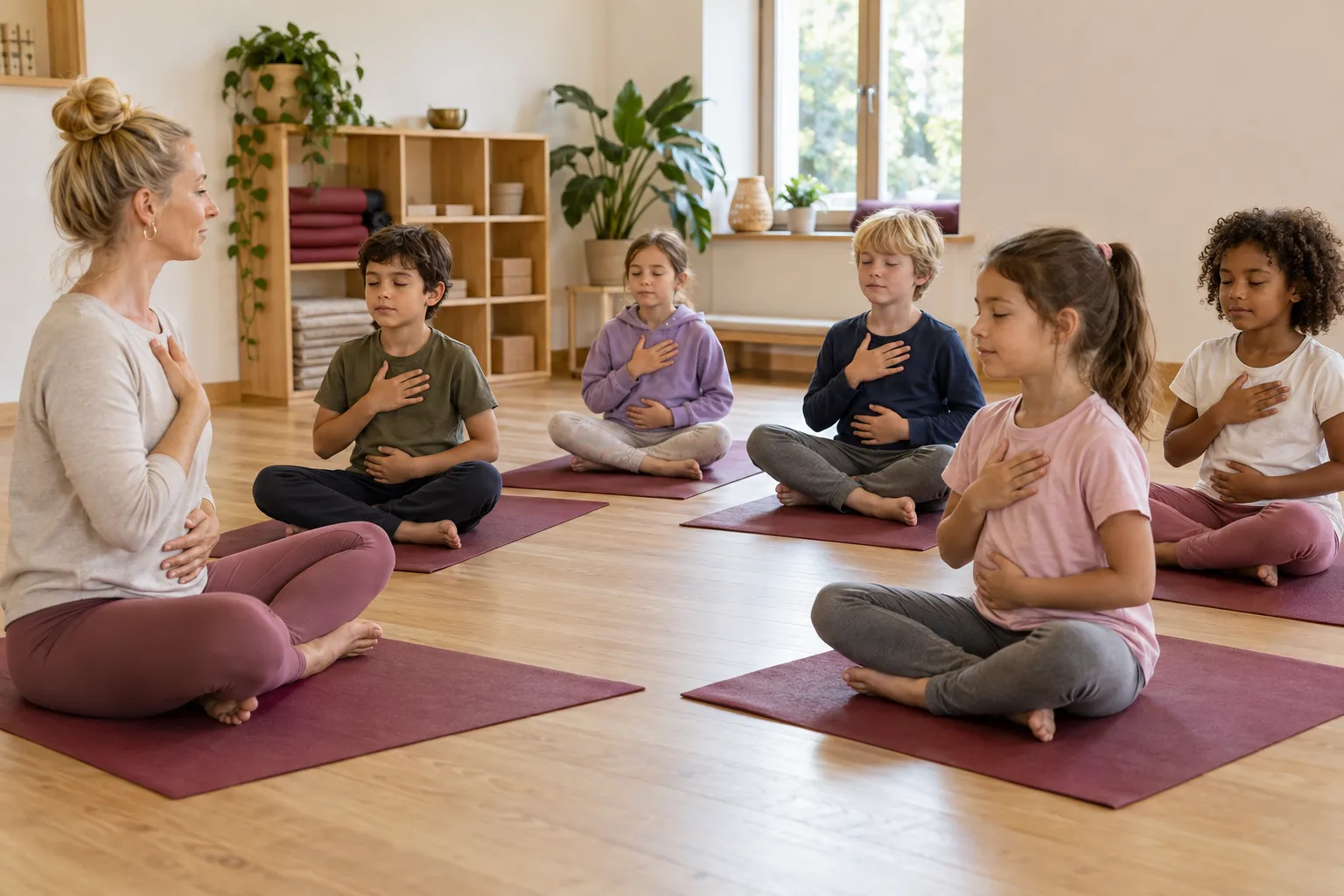 Professora orienta uma prática de respiração numa aula de Yoga para crianças
