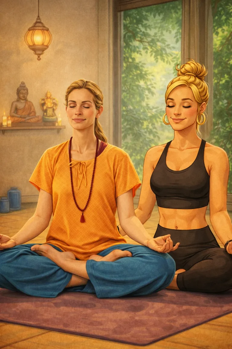 Imagem que representa uma imagem de Julia Roberts e uma instrutora de yoga meditando