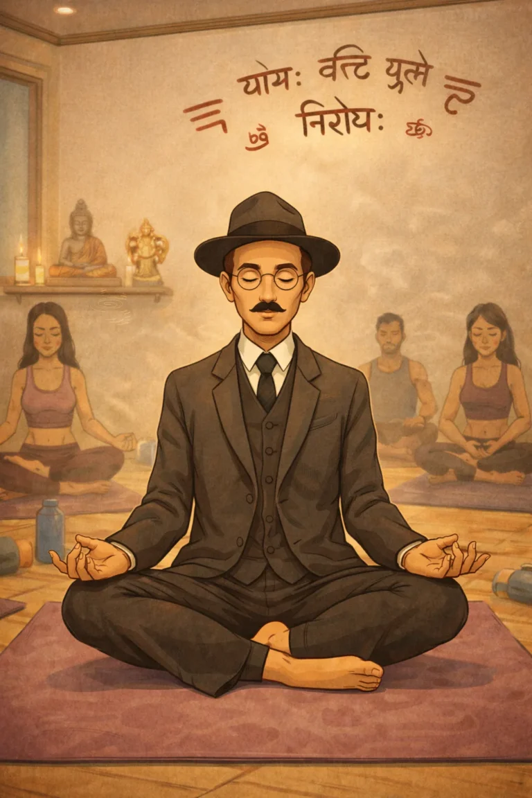 Ilustração de Fernando Pessoa de olhos fechados, em atitude meditativa, diante de um grupo de praticantes de Yoga.