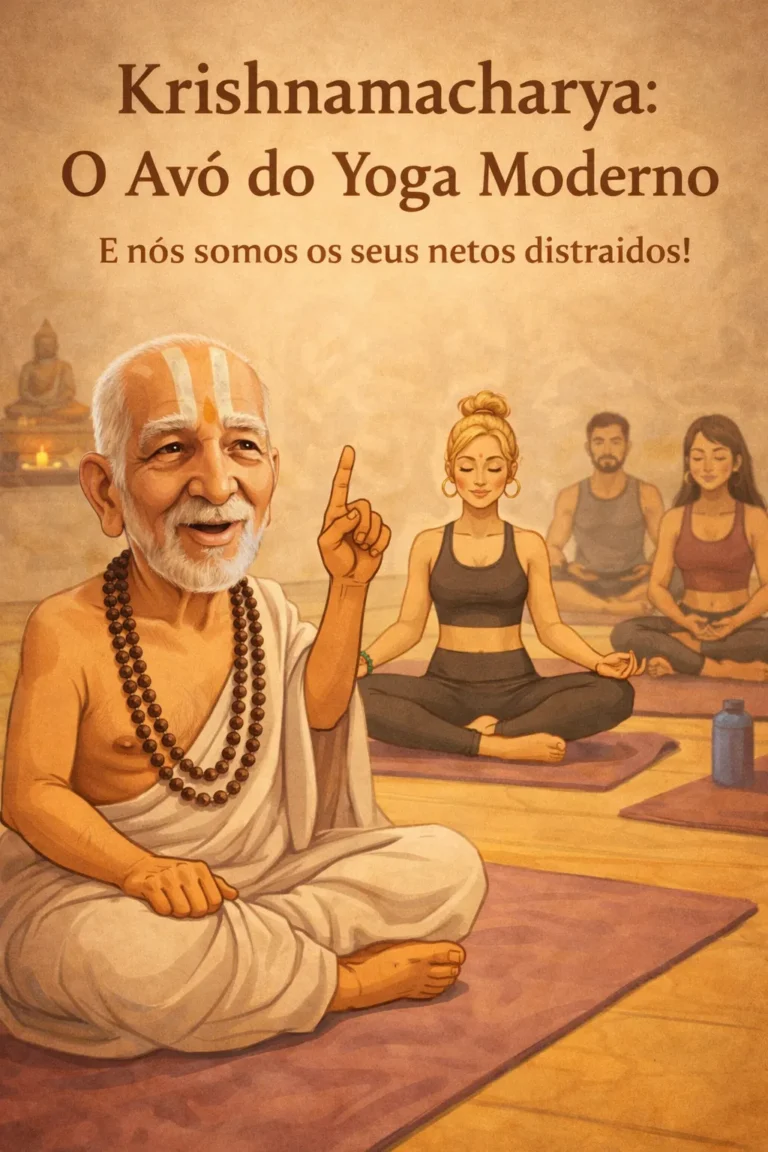 Ilustração de T. Krishnamacharya diante de praticantes contemporâneos, evocando a sua influência no desenvolvimento do Yoga moderno.