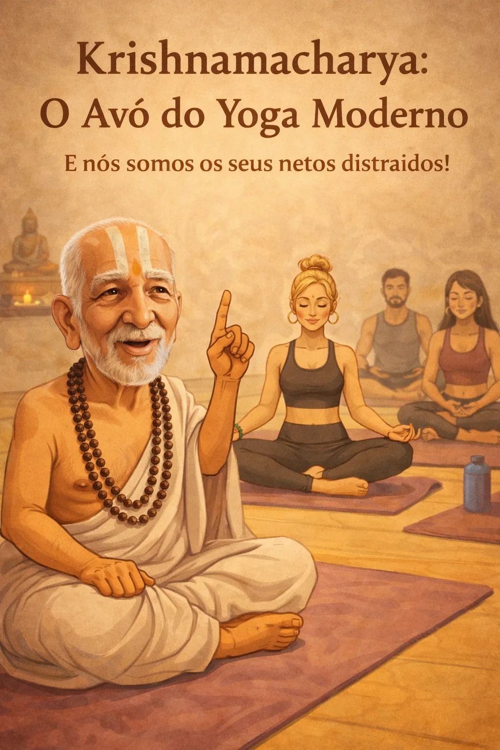 Ilustração de T. Krishnamacharya diante de praticantes contemporâneos, evocando a sua influência no desenvolvimento do Yoga moderno.