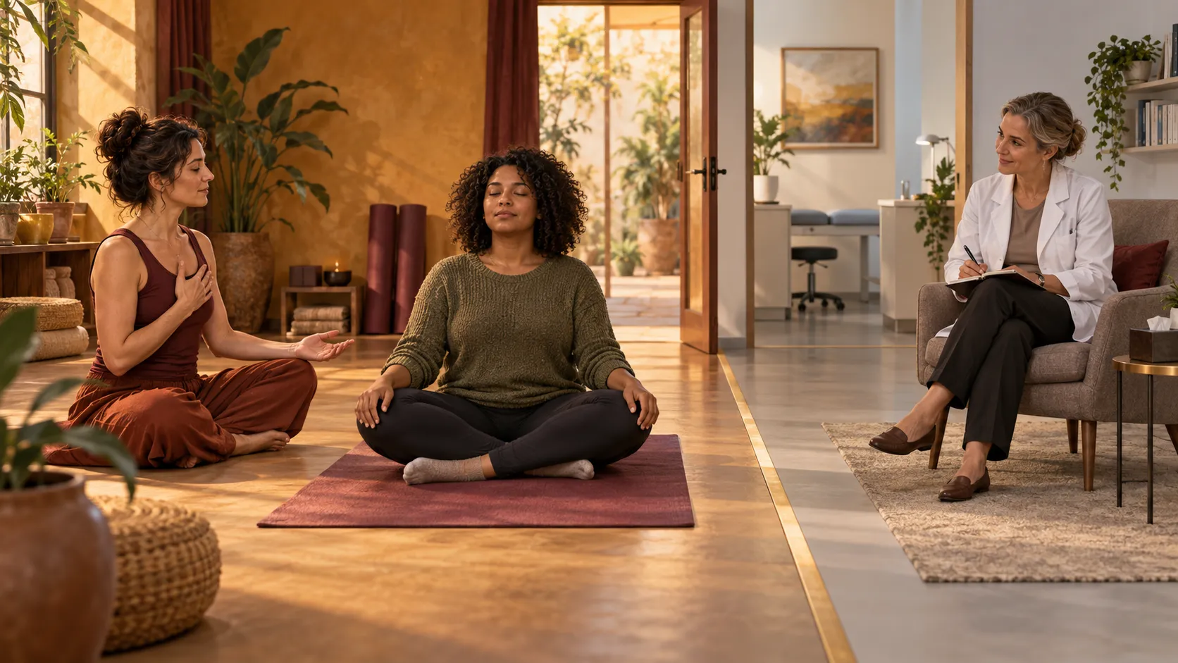 Praticante sentada em meditação entre uma instrutora de Yoga e uma profissional de saúde, simbolizando complementaridade e limites de atuação.