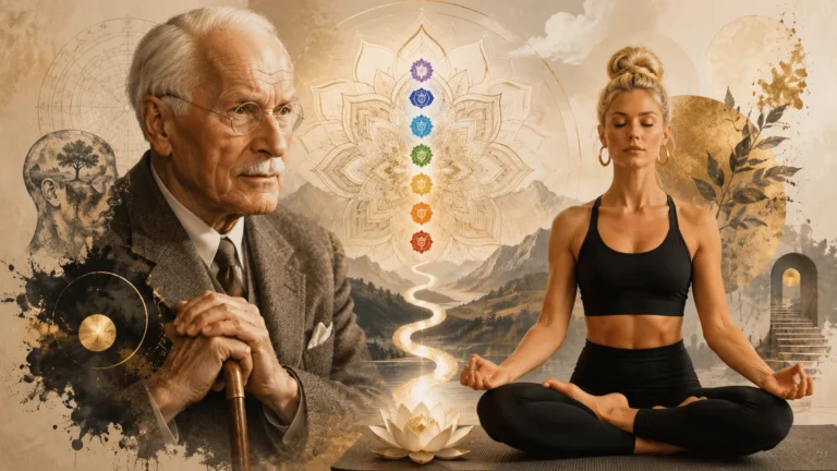 Carl Gustav Jung e uma praticante de Yoga numa composição sobre psicologia, Kuṇḍalinī e os cakras.