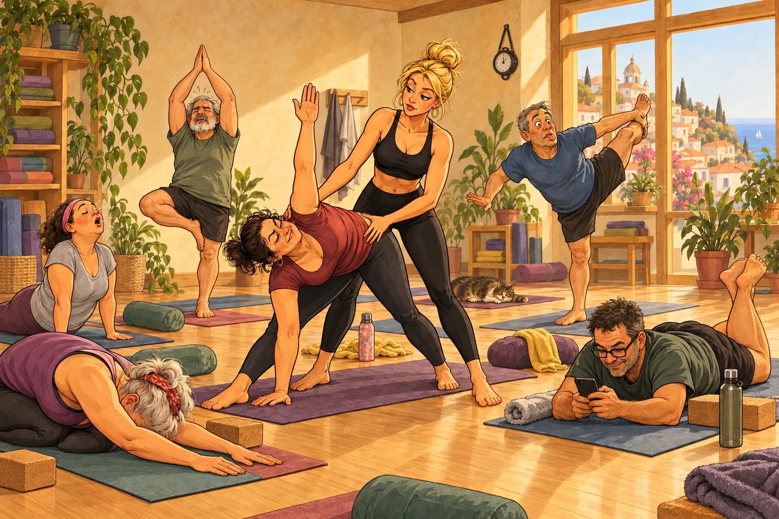 Instrutora de Yoga loira acompanha e corrige alunos durante uma aula coletiva