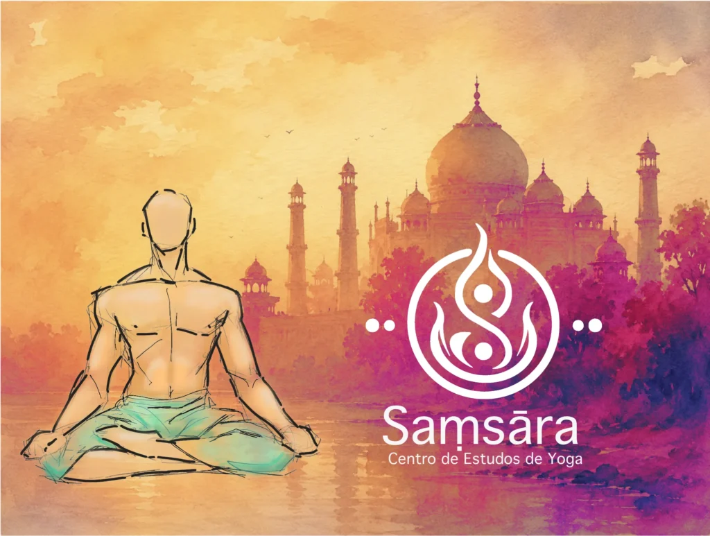 Ilustração de praticante de Yoga em meditação diante do Taj Mahal, com o logótipo da Saṃsāra