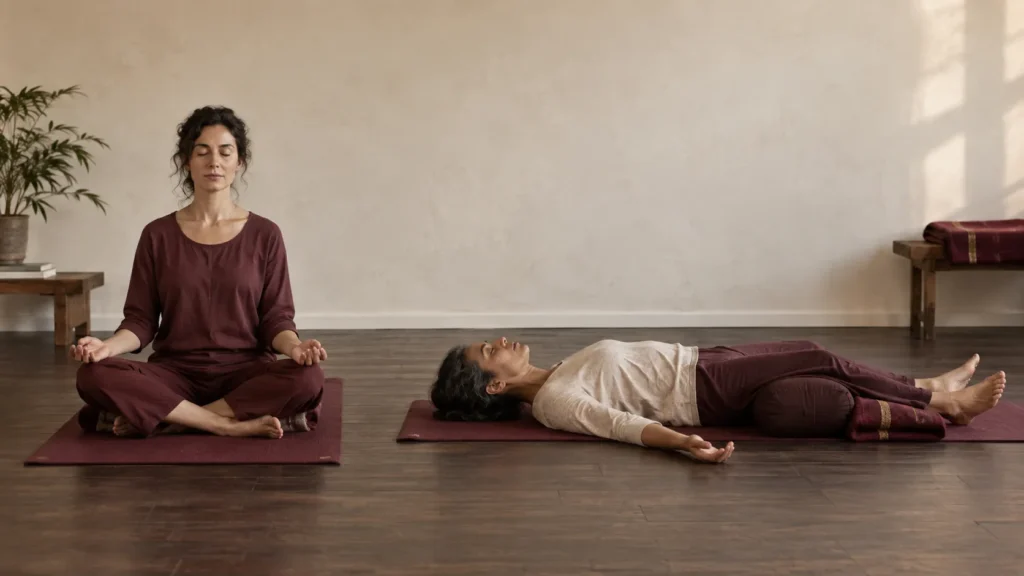Mulher sentada em meditação e mulher deitada a praticar Yoga Nidrā numa sala tranquila.