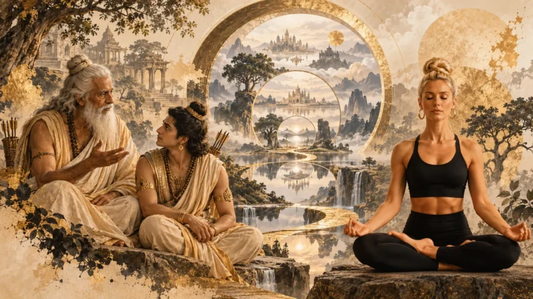 Vasiṣṭha e Rāma em diálogo junto a um lago, cujo reflexo sugere māyā e realidades sobrepostas no Yoga Vāsiṣṭha.